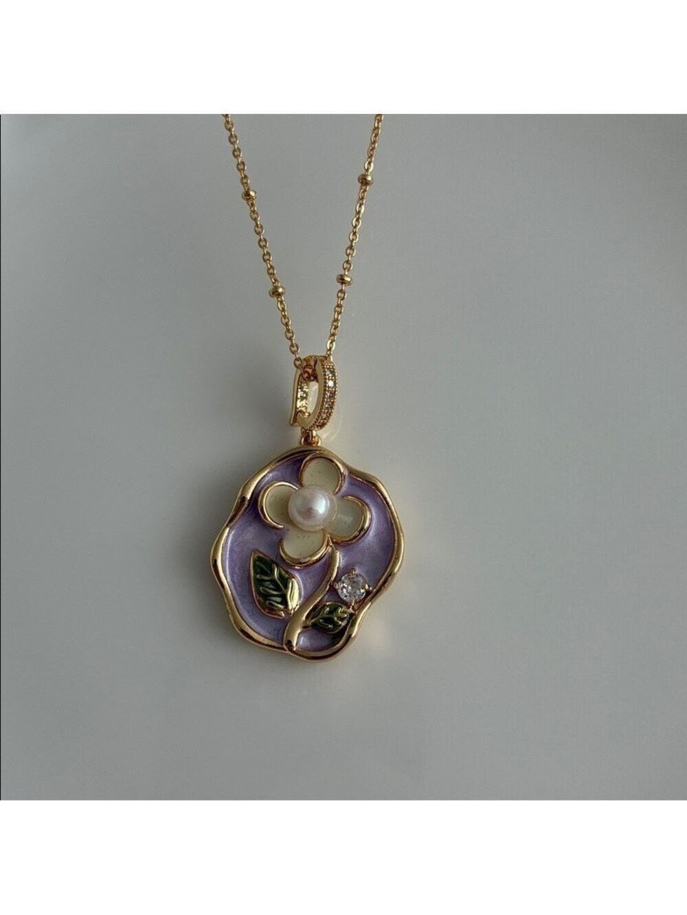 Purple Enamel Flower Gold Necklace, Freshwater Pearl Necklace, Handmade Pendant